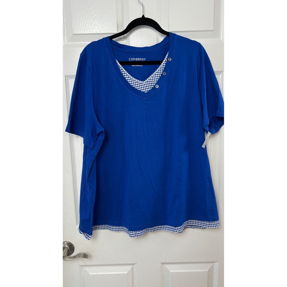Catherines Suprema Collection Blue Gingham Trim Layered V-Neck Top 1X 18/20W NEW